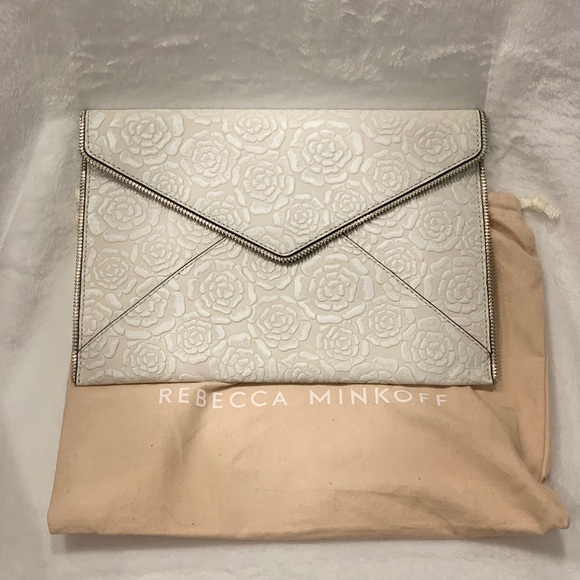 Rebecca Minkoff White and Tan Leather Floral Leo Clutch w/Dust Bag! - Picture 1 of 10